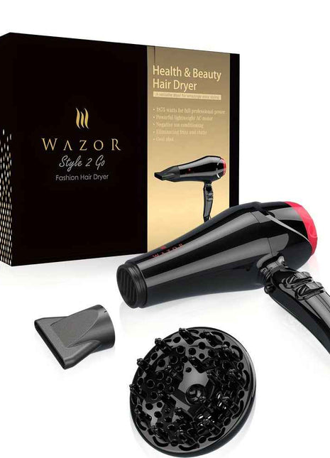 Pro Ionic 1875W Hair Dryer - Hair Dryers with Diffuser and Concentrator for Fast Drying, Less Frizz, and Shine, 3 Heat/2 Speed Settings, AC Motor, ALCI Plug, and Black Color
