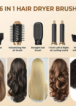 6-in-1 Professional Hair Styling Tool Kit - Ionic Foldable Hair Dryer with Diffuser, Hot Air Brush, Curling Wand, Volumizer, Thermal Brush, and Comb - 1000W, 110V, US Plug