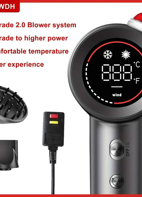 The Perfect Gift For SDKWDH Christmas! Digital Screen Hair Dryer - Negative Ions. 150000 RPM Motor, Fast, Quiet And Dry. Hd Display. Diffuser, Nozzle. Five Temperatures, Two Speeds. Compact, Smart. SMP-JYCFJ-1