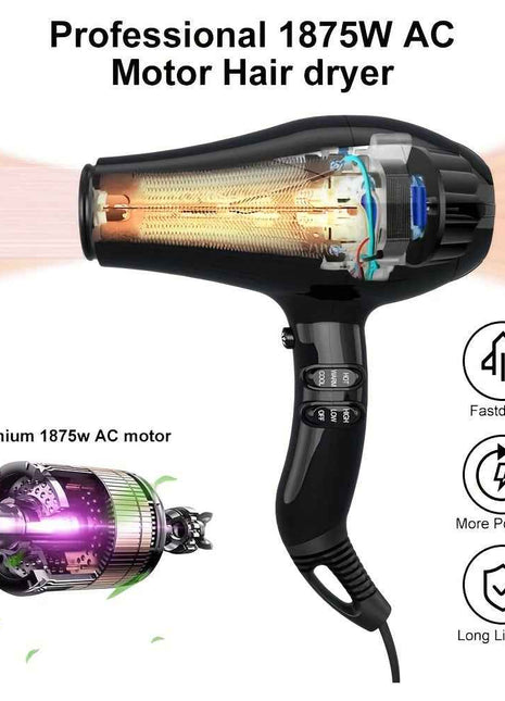 US MHU professional hair dryer with multiple accessories, AC motor provides super strong wind and heat, equipped with multiple accessories to meet all types of hair styles, negative ion function protects hair without damage,