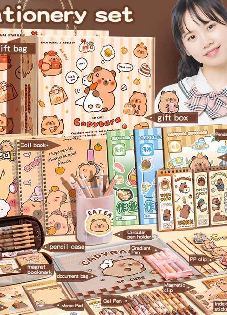 Kit regalo di cancelleria a tema capibara, strumenti di scrittura premium con quaderno, segnalibri e accessori in carta, ideale per studio, laurea, diario, compleanni o feste
