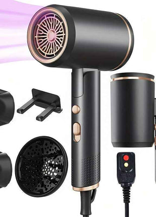 Professional Ionic Hair Dryer Blow Dryer with Diffuser and Concentrator and Hanging rack for Curly Hair Negative Ions Dryer with Ceramic Technology Nozzle for Fast Drying as Salon Light and Quiet, Folding Travel