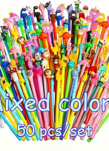 50 pezzi, set di penne a sfera stile cartoon, scrittura fluida, punta 0.5mm fine, cilindro in plastica con cappuccio a clip, design creativi vari, ideale per ufficio e scuola, 18+