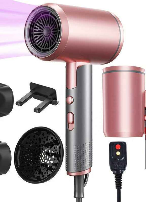 Professional Ionic Hair Dryer Blow Dryer with Diffuser and Concentrator and Hanging rack for Curly Hair Negative Ions Dryer with Ceramic Technology Nozzle for Fast Drying as Salon Light and Quiet, Folding Travel