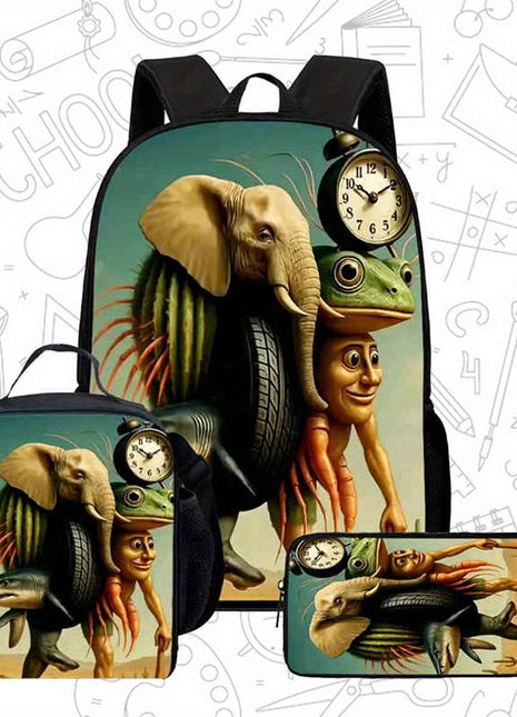 3 Pezzi Set Zaini Unisex, Stile Fashion Brain Rot, con Cinghie Regolabili e Chiusura a Zip, Include Zaino, Borsa Pranzo e Astuccio per Matite, Design per Scuola, Viaggi e Campeggio