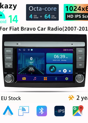 Wireless CarPlay Android 14 Car Radio for For Fiat/Bravo 2007 2008 2009 20102011 2012 AutoRadio Stereo GPS Navigation Multimedia Screen - Riparo82