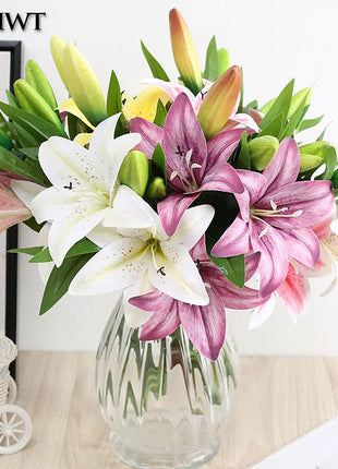 Artificial Lily Flower Real Looking 3D Printing Artificial Flowers Fake Flowers Flores for Wedding Home Garden Ornaments