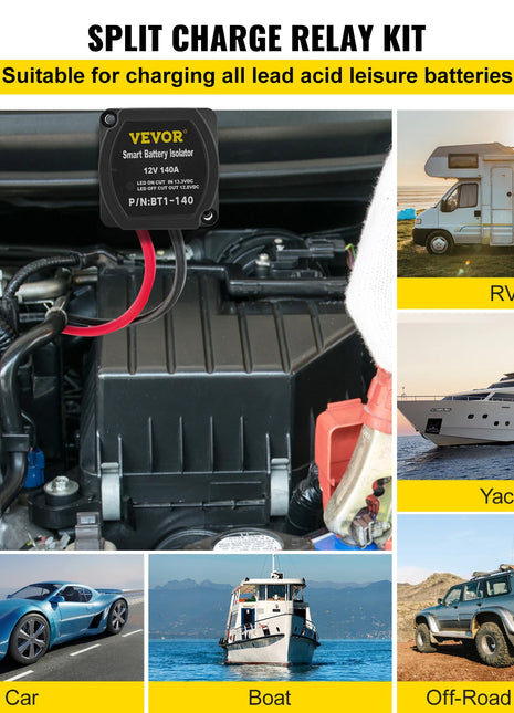 VEVOR Split Charge Relay Kit Voltage Sense Relay Professional 12V 140AMP W/ 2/4/5/6 mtr Battery Cable for ATVs UTVs RVs Camping - Riparo82