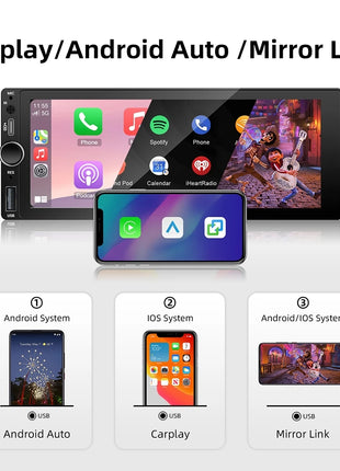 IPS 6.9 Inch 1Din Wired Carplay Android Auto Car Radio Multimedia Video MP5 Player Touch Screen Universal Autoradio Stereo - Riparo82
