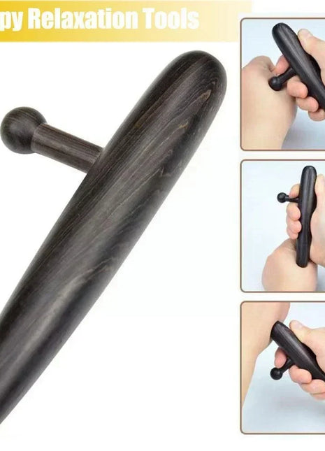 Thumb-shaped wood massager held by therapist