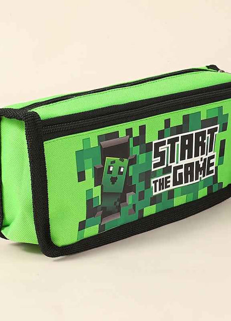 1pc Custodia per matite con personaggio di gioco vibrante - Doppio strato, piccola capacità, verde neon con design "START THE GAME", perfetta per forniture scolastiche e accessori da scrivania, carina custodia per matite