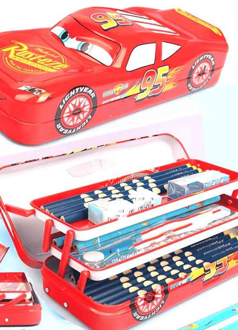 Custodia per matite 3D Disney Lightning Mcqueen - Design a cartoni animati vibranti, grande capacità di tre strati di metallo con manico, organizer per scuola e cancelleria rossa durevole, regalo perfetto per compleanni o Natale, custodia per matite, orga