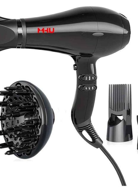 US MHU professional hair dryer with multiple accessories, AC motor provides super strong wind and heat, equipped with multiple accessories to meet all types of hair styles, negative ion function protects hair without damage,