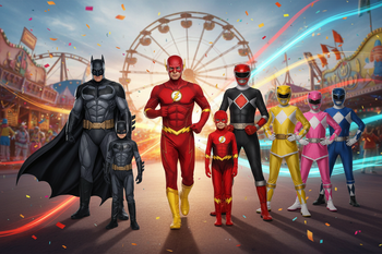 Persone in costumi da supereroi come Batman, Flash e Power Rangers a Carnevale davanti a una fiera.