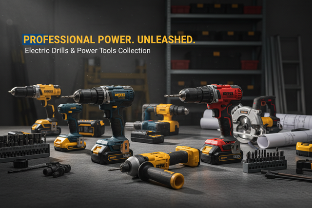 Trapani elettrici professionali e accessori su banco da lavoro, collezione riparo82.