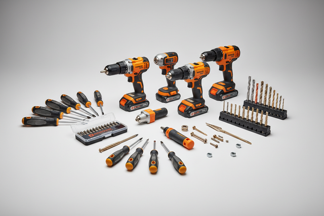 Set cacciaviti e avvitatori professionali con punte, trapani e accessori su sfondo bianco, riparo82