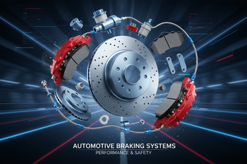 Componenti sistema frenante auto su sfondo tecnologico, ricambi elettronica riparo82