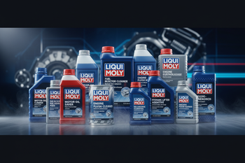 Prodotti Liqui Moly per auto, additivi e detergenti motore, su sfondo tecnologico, riparo82