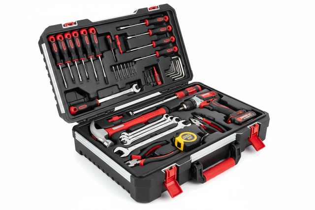 Kit attrezzi completo in valigetta nera, con trapano, cacciaviti, chiavi e pinze, riparo82
