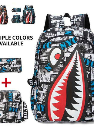 3 Pezzi Set di Borsa a Spalla, Tracolla e Astuccio - Zaino Campus Grande Capacità con Stampa Squalo per la Stagione del Ritorno a Scuola Unisex