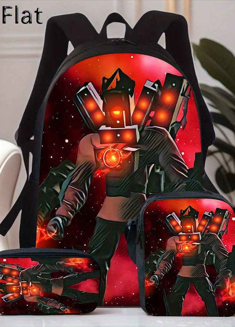 3pezzo [2D Plat] Skibidi Zaino da Toilet Tre Pezzi, Incluso Zaino Scuola Zaino Pranzo e Custodia Matita, Zaino Scuola Studente Carino di Grande Capacità e Resistente, Zaino per Laptop, Grande Capacità, Molto Adatto per i Giornali di Commutazione