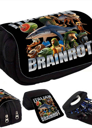 ITALIAN BRAINROT Stampa Grande Capacità Astuccio per Matite - Durevole Nero Oxford Tela con Design a Cerniera Multi-Livello, Chiusura a Cerniera e Illustrazioni Vibranti di Cibo Italiano per Borsa di Stoccaggio Creativa, Astuccio per Matite, Accessorio di