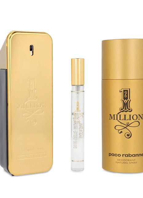 Paco Rabanne One Million 3-Piece Gift Set for Men (3.4 Oz Eau De Toilette Spray + 5.1 Oz Deodorant Spray + 0.33 Oz Travel Spray) - riparo82