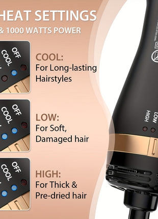 Hair Dryer Brush Blow Dryer Brush In One, Hot Air Brush Set For Straightening/Drying/Curling, Oval Brush, Multi-Temperature Settings, Detachable Design For Women, Black And Golden - Riparo82