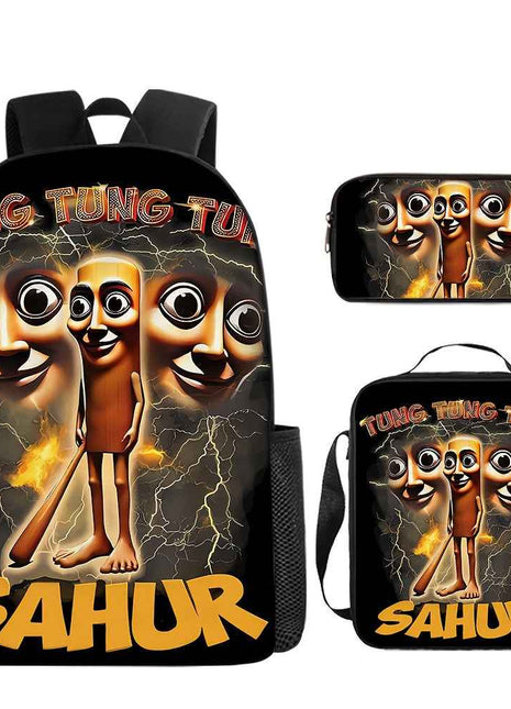 3 pezzi set di zaino stampato stile italiano Tung Tung Sahu, grande capacità per la scuola, borsa a tracolla e astuccio per matite