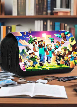 Custodia per matite a doppio strato stampata con tema Minecraft (1 pezzo) - Materiale in nylon, adatto per forniture per ufficio, regali per le vacanze