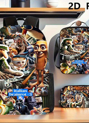 3pezzo Italian Brainrot 3 Set di zaini tematici - Zaino casual di grande capacità, borsa per matite e scatola per il pranzo con cinghie regolabili per le spalle, resistente e elegante per viaggi, pendolarismo, vacanze, ritorno a scuola, zaino per viaggi,