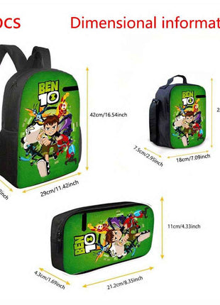 3 Pezzi Set Zaino Ben 10, 1*Borsa Pranzo, 1*Astuccio Portapenne, Grande Capacità Organizzatore da Viaggio con Chiusura a Cerniera, Ideale per Regali di Vacanza o Compleanno