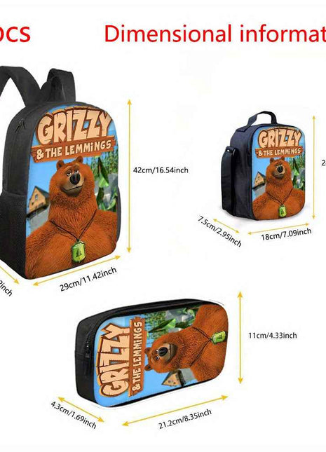 Grizzy e i Lemmings Set di 3 Pezzi Zaino alla Moda, Borsa Pranzo e Astuccio con Spalline Regolabili e Borsetta a Zip Grande Capacità, Completo Ideale per Scuola e Viaggi