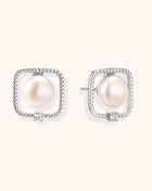 Square sterling silver stud earrings with freshwater pearls and crystal accents on white background.