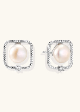 Square sterling silver stud earrings with freshwater pearls and crystal accents on white background.