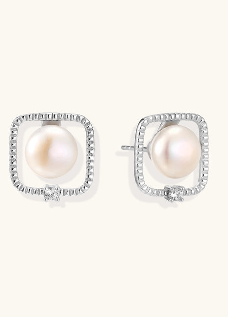 Square sterling silver stud earrings with freshwater pearls and crystal accents on white background.