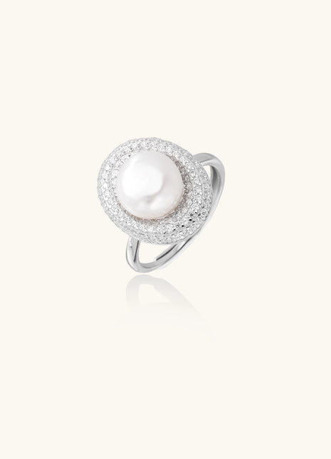 Sterling silver ring with 9mm freshwater pearl center surrounded by double halo of sparkling crystals