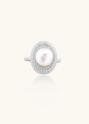 Sterling silver ring with 9mm freshwater pearl center surrounded by double halo of sparkling crystals