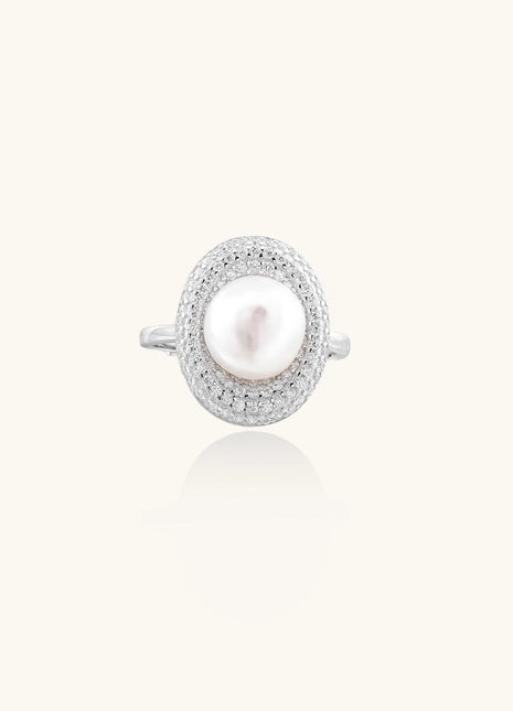 Sterling silver ring with 9mm freshwater pearl center surrounded by double halo of sparkling crystals