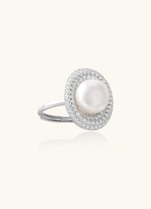 Sterling silver ring with 9mm freshwater pearl center surrounded by double halo of sparkling crystals