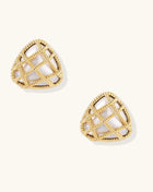 Pair of geometric gold-plated stud earrings with twisted rope lattice pattern and openwork design on white background.