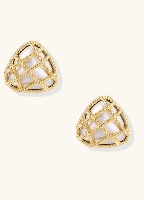 Pair of geometric gold-plated stud earrings with twisted rope lattice pattern and openwork design on white background.