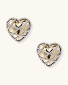 Heart-shaped gold plated earrings with silver rope lattice design and intricate open knotwork pattern