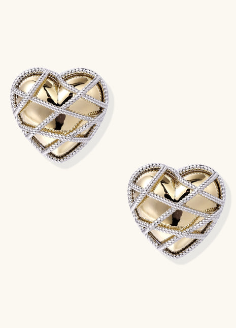 Heart-shaped gold plated earrings with silver rope lattice design and intricate open knotwork pattern