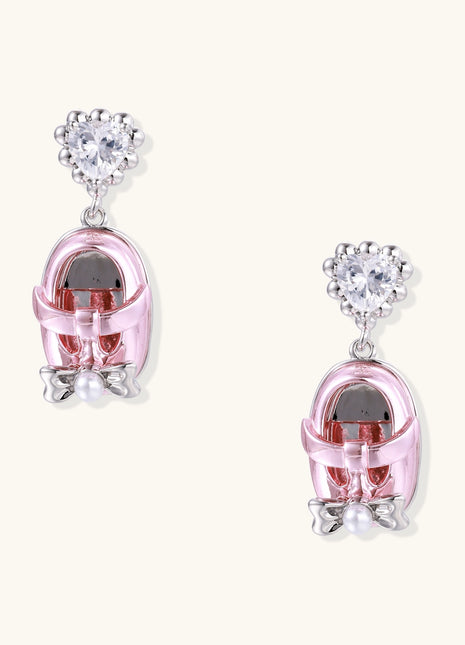 18K gold plated drop earrings with heart-shaped zirconia studs and translucent mini handbag pendants with pearl accents
