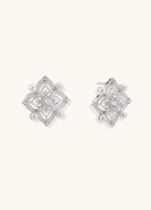 Detailed view of sterling silver stud earrings with geometric filigree design and small freshwater pearls on white background.
