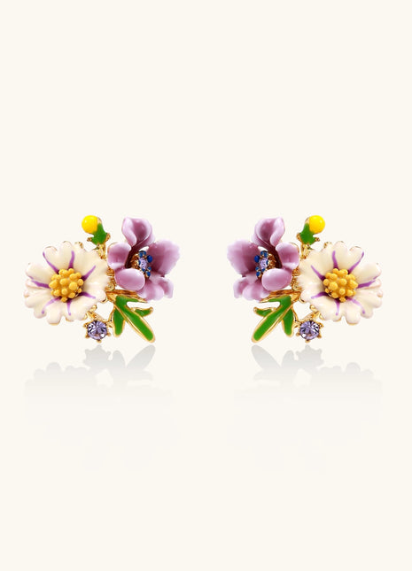 Delicate gold-plated stud earrings featuring white daisy and purple flowers with green leaves and crystal accents