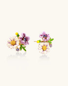 Delicate gold-plated stud earrings featuring white daisy and purple flowers with green leaves and crystal accents