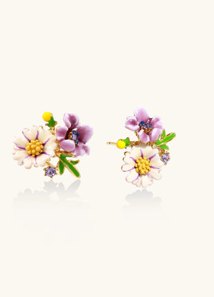 Delicate gold-plated stud earrings featuring white daisy and purple flowers with green leaves and crystal accents