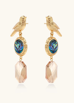 Gold-plated bird dangle earrings with iridescent abalone shell discs and champagne crystal drops on white background.